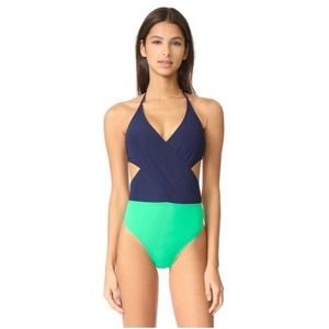 TORY BURCH Cutout Colorblock Swimsuit in Navy & Green Size Small